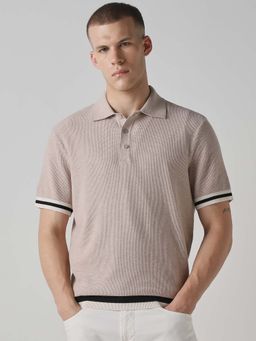 Mufti - Men Light Beige Textured Polo T-shirt