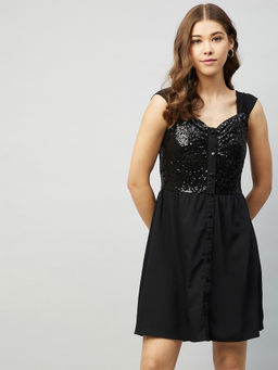 Marie Claire - Women Casual Black Solid Sweetheart Neck Above Knee A-line Dress