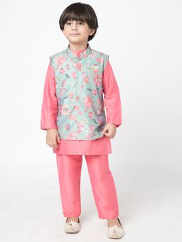 Lil Drama - Golden Weaves Pink Kurta with Pant and Jacket (Set of 3)