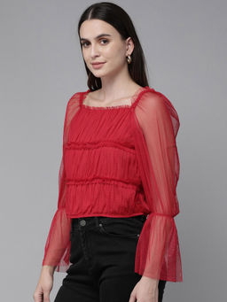 RARE - Women Casual Red Square Neck Full Sleeves Solid Regular Top