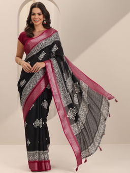Libas - Black Ethnic Motif Printed Saree with Unstitched Blouse