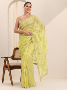 Libas - Lemon Yellow Net Silk Embroidered Saree with Unstitched Blouse