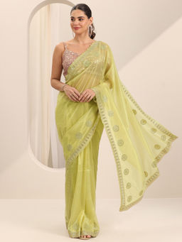 Libas - Green Embroidered Net Silk Embellished Saree with Unstitched Blouse
