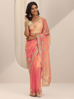 Libas - Coral Embroidered Net Silk Embellished Saree with Unstitched Blouse
