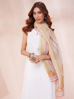 Fabindia - Yellow Cotton Silk Hand Block Printed Stole
