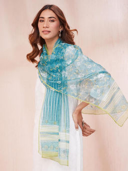 Fabindia - Turquoise Cotton Silk Printed Stole