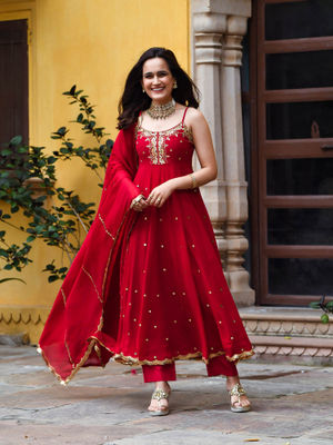 Shagun Pima Satin Red Kurta Set