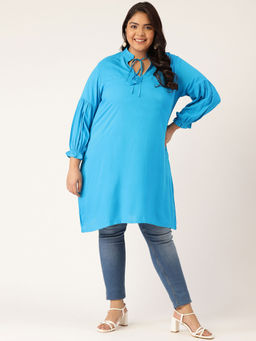 theRebelinme - Women's Teal Solid Color Notch Neck Tunic