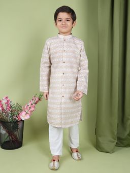 TABARD - Pure Cotton Printed Ethnic Kurta with Churidar for Boys - Beige (Set of 2)