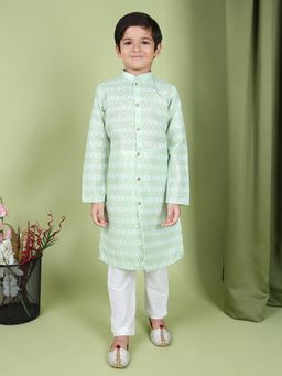 TABARD - Pure Cotton Printed Ethnic Kurta with Churidar for Boys - Green (Set of 2)