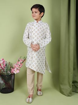 TABARD - Pure Cotton Printed Ethnic Kurta with Churidar for Boys - White (Set of 2)