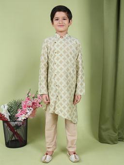 TABARD - Pure Cotton Printed Ethnic Kurta with Churidar for Boys - Green (Set of 2)