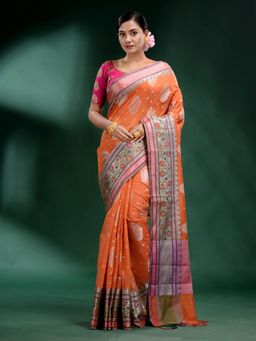 CHARUKRITI - Orange Pure Silk Handwoven Soft Saree with Unstitched Blouse