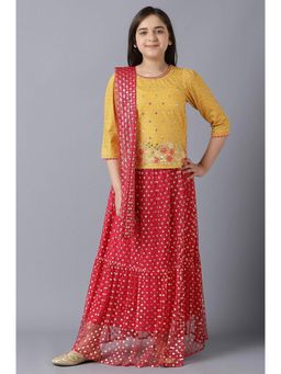 Aurelia - Girls Yellow Foil Printed Top with Red Flared Skirt and Dupatta (Set of 3)
