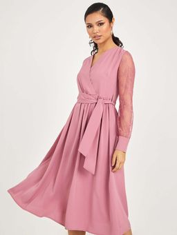 Styli - Purple Long Sleeves Lace Insert Wrap Front Midi Dress With Tie Belt (Set of 2)