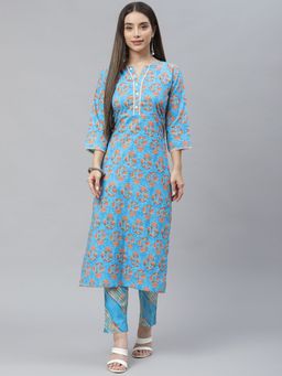 Indibelle - Cotton Sky Blue Floral Print Straight Kurta