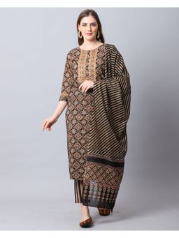 Rajnandini - Black Pure Cambric Cotton Jaipuri Embroidered Kurta With Dupatta (Set of 3)