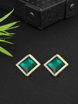 E2O - Self Design Green Diamond Round Shaped Stud Earring with Black Colour Stone