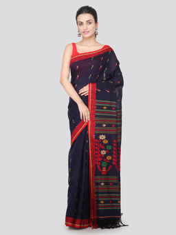 PinkLoom - Womens Cotton Saree with Unstitched Blouse-Navy Blue