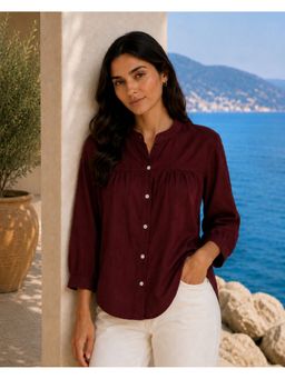 Maaesa - Brown Rayon Solid Full Sleeves Mandarin Neck Casual Regular Fit Shirt
