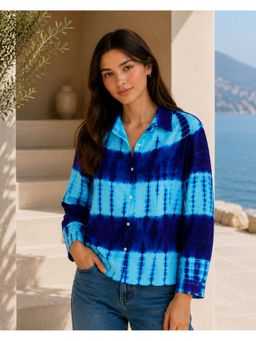 Maaesa - Blue Rayon Tie and Dye Full Sleeves Collar Neck Casual Regular Fit Shirt