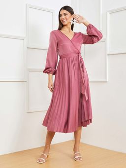 Styli - Pink Long Volume Sleeves Pleated Wrap Front Midi Dress With Tie Belt (Set of 2)