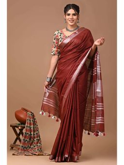 MAAHISHMATI SAREES - Brick Red Bhagalpur Cotton Slub Saree with Unstitched Blouse