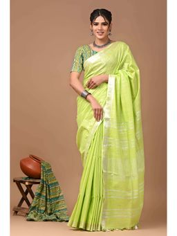 MAAHISHMATI SAREES - Neon Green Bhagalpur Cotton Slub Saree with Unstitched Blouse