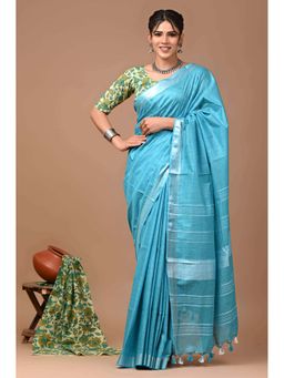 MAAHISHMATI SAREES - Blue Bhagalpur Cotton Slub Saree with Unstitched Blouse