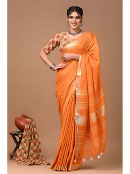 MAAHISHMATI SAREES - Orange Bhagalpur Cotton Slub Saree with Unstitched Blouse