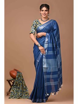MAAHISHMATI SAREES - Dark Blue Bhagalpur Cotton Slub Saree with Unstitched Blouse