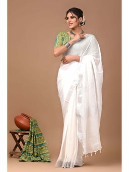 MAAHISHMATI SAREES - White Bhagalpur Cotton Slub Saree with Unstitched Blouse