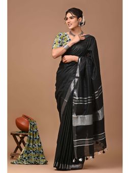 MAAHISHMATI SAREES - Black Bhagalpur Cotton Slub Saree with Unstitched Blouse