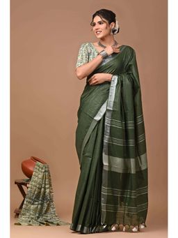 MAAHISHMATI SAREES - Dark Green Bhagalpur Cotton Slub Saree with Unstitched Blouse