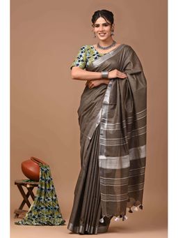 MAAHISHMATI SAREES - Brown Bhagalpur Cotton Slub Saree with Unstitched Blouse