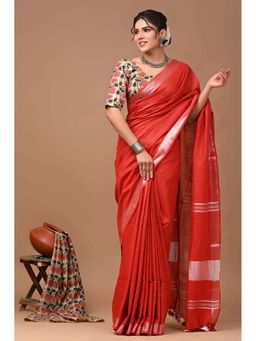 MAAHISHMATI SAREES - Red Bhagalpur Cotton Slub Saree with Unstitched Blouse