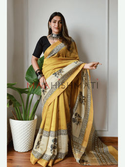 MAAHISHMATI SAREES - Golden Yellow Hand Block Printed Silk Cotton Saree with Unstitched Blouse
