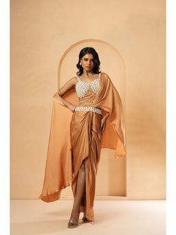 Quench A Thirst - Golden Modal Satin Skirt with Drape Dupatta & Unstitched Blouse