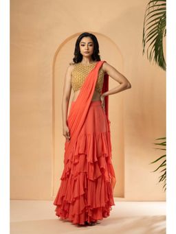 Quench A Thirst - Peach Georgette Ruffled Skirt with Drape Dupatta & Unstitched Blouse