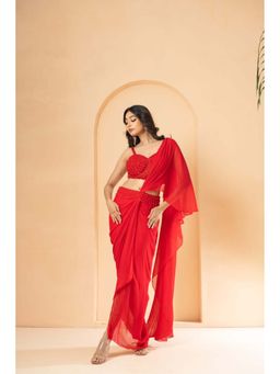 Quench A Thirst - Red Georgette Sequins Embroidered Skirt with Drape Dupatta & Unstitched Blouse