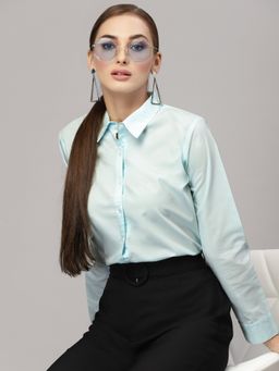 Style Quotient - Women Solid Light Blue PolyCotton Regular Formal Shirt