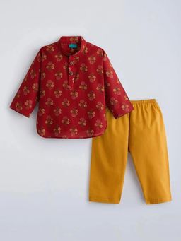 Hopscotch - Floral Mandarin Collar Cotton Kurta Pajama