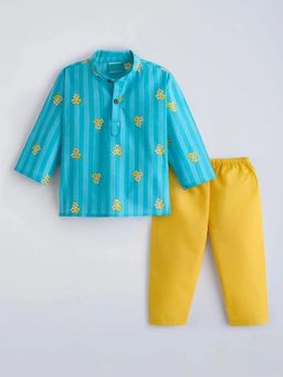 Hopscotch - Striped Mandarin Collar Cotton Kurta Pajama