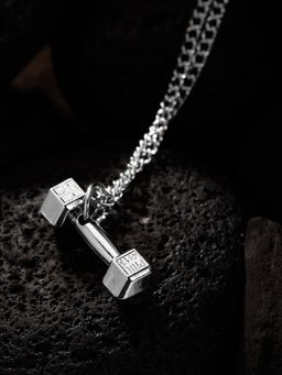 OOMPH - Go Fit Dumbbell Silver Stainless Steel Gym Pendant Necklace Chain for Men & Boys