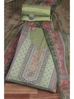 Biba - Women's Green Crepe Printed Unstitched Suit (Set of 3)