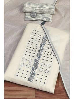 Biba - Women's White Cotton Machine Embroidered Unstitched Suit (Set of 3)