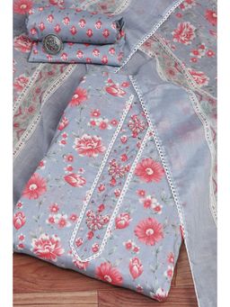 Biba - Women's Grey Cotton Printed Unstitched Suit (Set of 3)