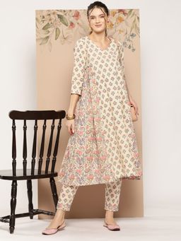 Shaily - Cream Floral Printed Gathered V-Neck Cotton Kurta & Pant (Set of 2)