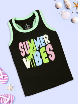 KiddoPanti - Girls Cotton Lycra Sleeveless Summer Vibes Printed Black Tank Top