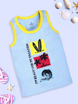 KiddoPanti - Girls Cotton Lycra Sleeveless Beach Theme Printed Blue Tank Top